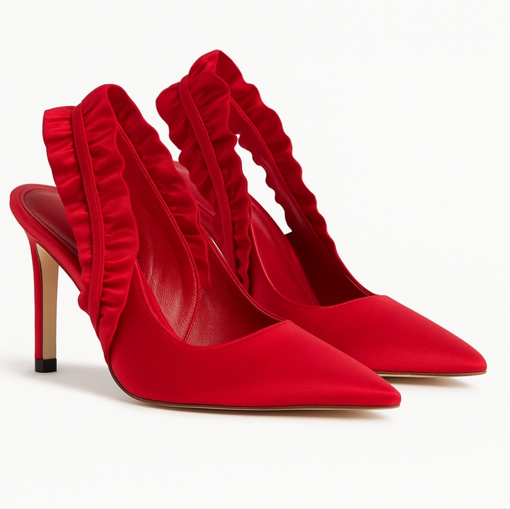 Women’s Red Satin Slingback Heels with Ruffle Strap – Pointed Toe – Size 7.5